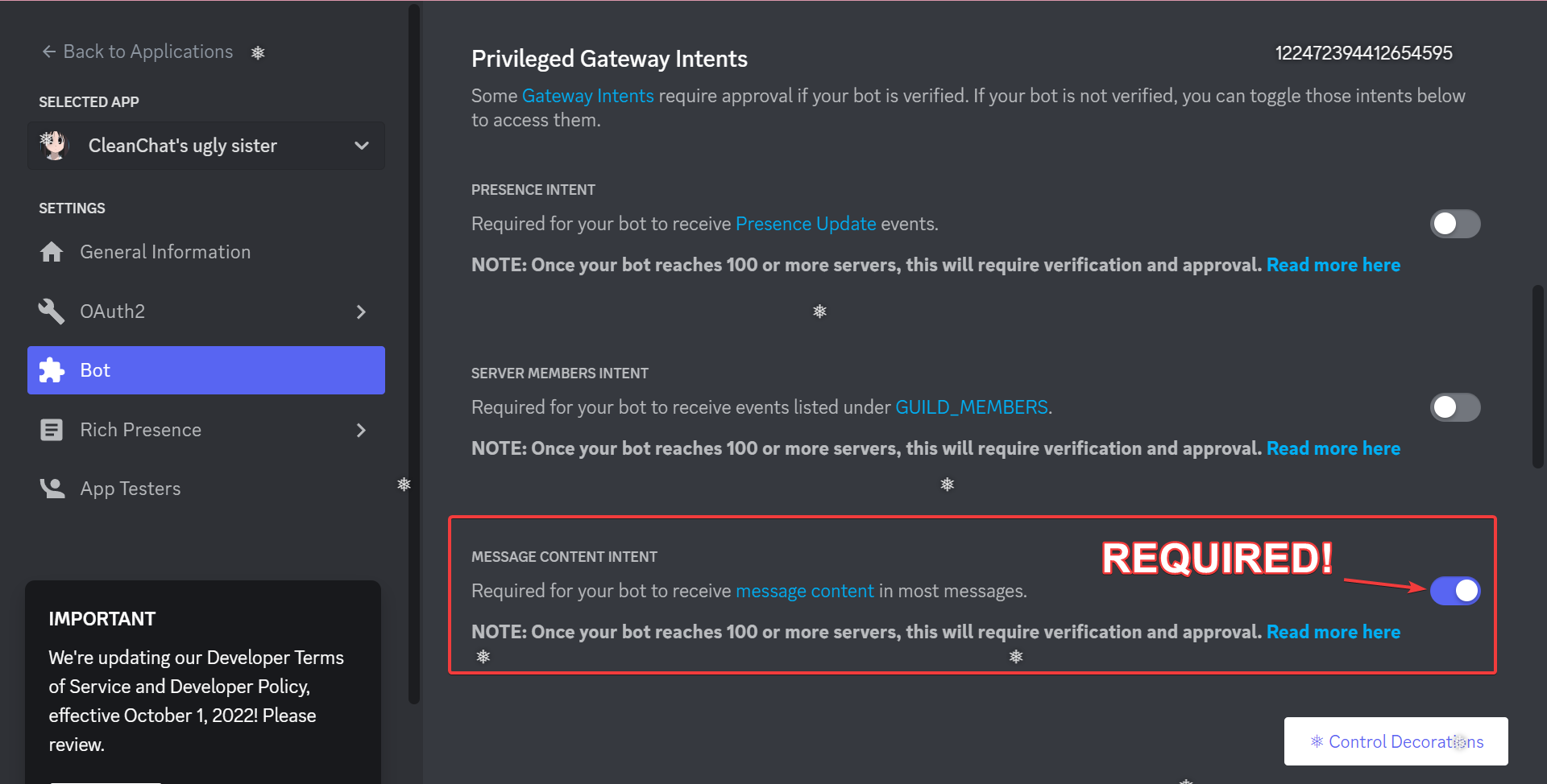 Screenshot from Discord Developer portal showing the message-content intent enabled